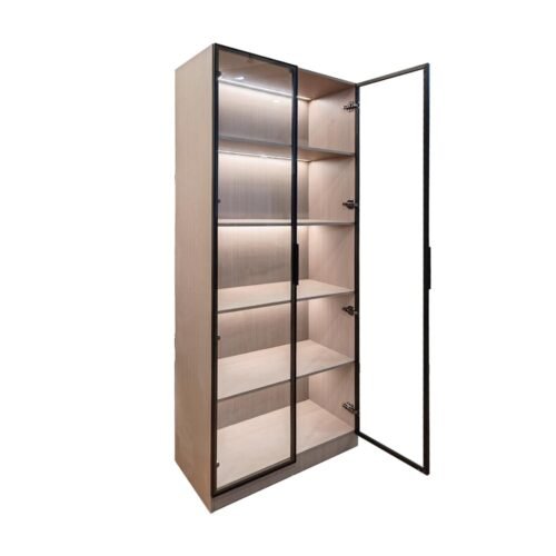 Modern full high glass display cabinet designs with glass open door. Perfect for showcasing decor while adding stylish storage to your living space.